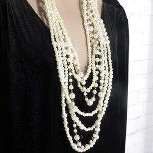 PEARLS FOR DAYS !  LONG VINTAGE MULTI STRAND FAUX PEARL NECKLACE + ADJ  LENGTH